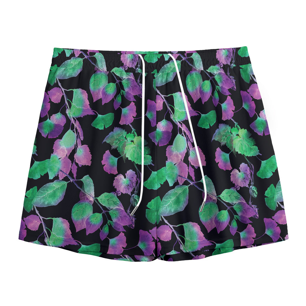Purple And Green Leaf Pattern Print Mesh Shorts