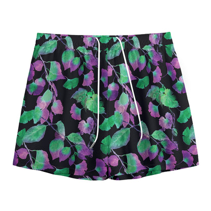 Purple And Green Leaf Pattern Print Mesh Shorts