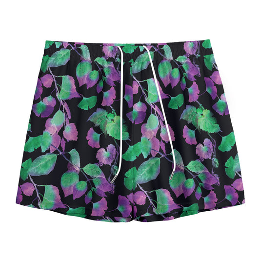 Purple And Green Leaf Pattern Print Mesh Shorts