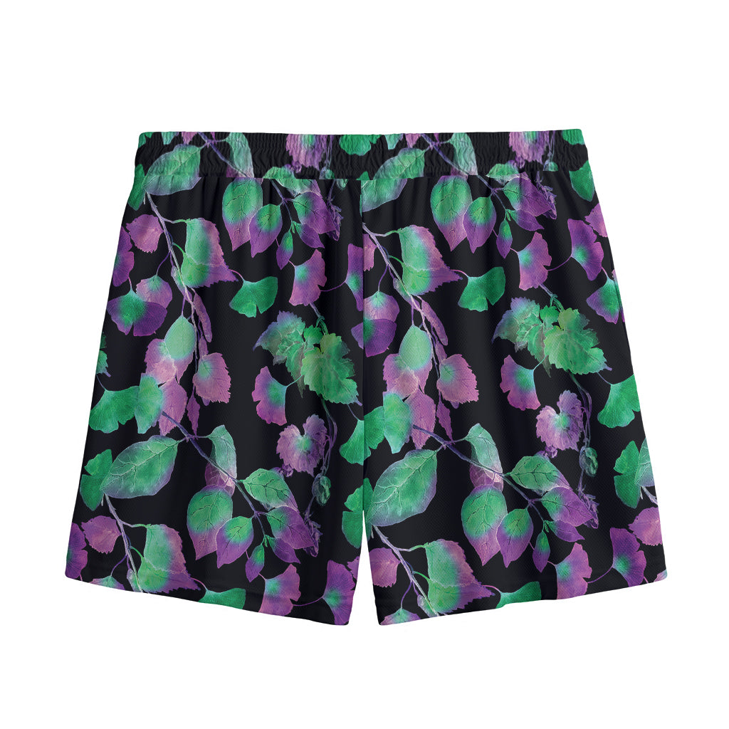 Purple And Green Leaf Pattern Print Mesh Shorts