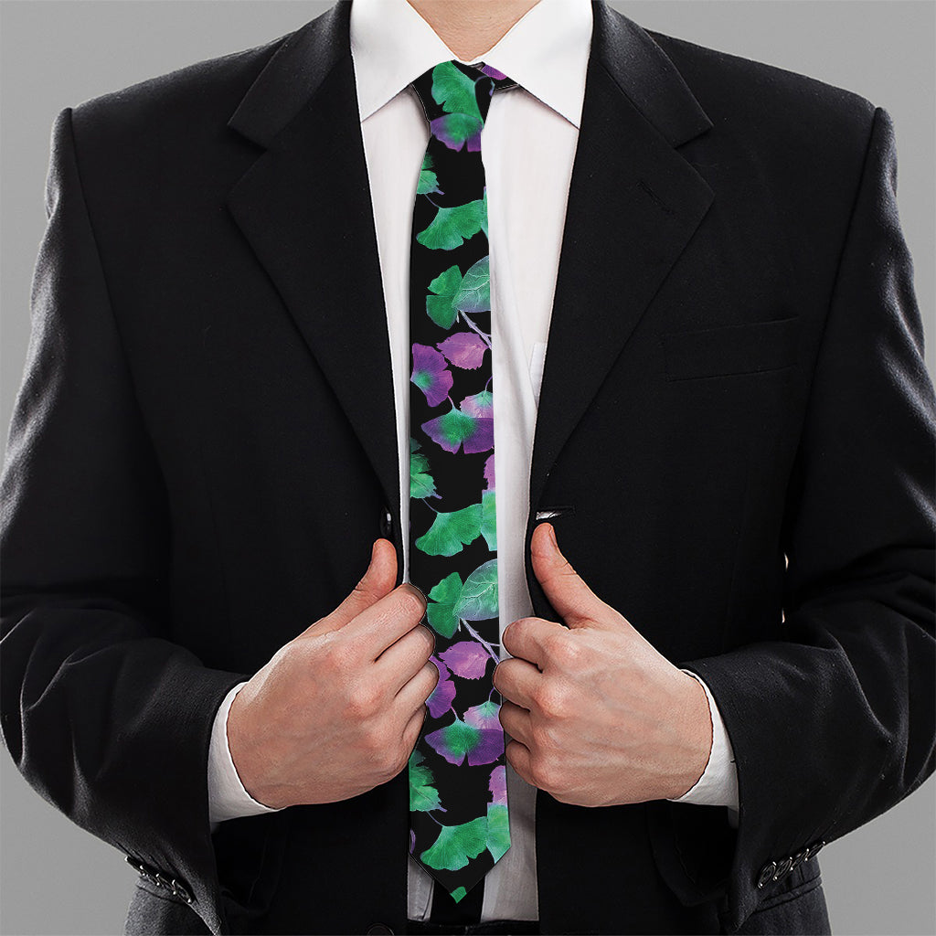 Purple And Green Leaf Pattern Print Necktie