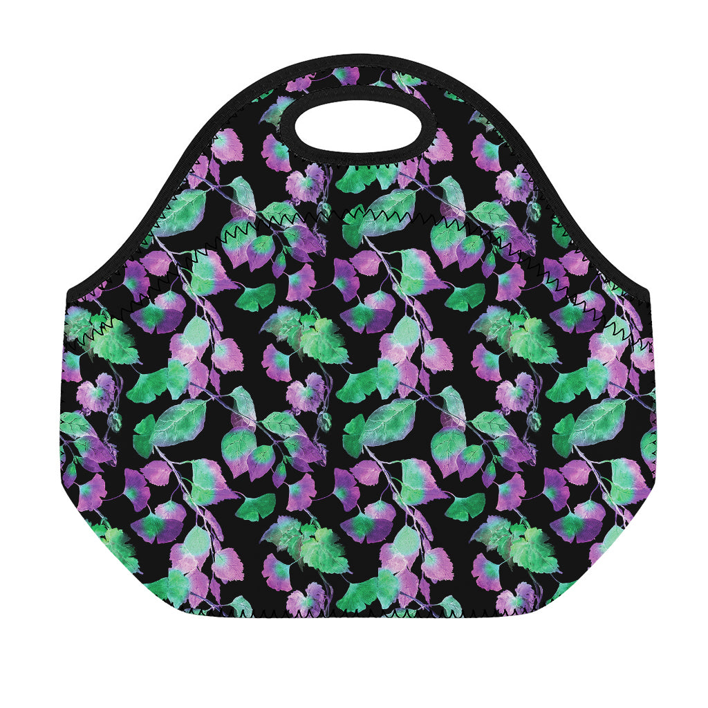 Purple And Green Leaf Pattern Print Neoprene Lunch Bag