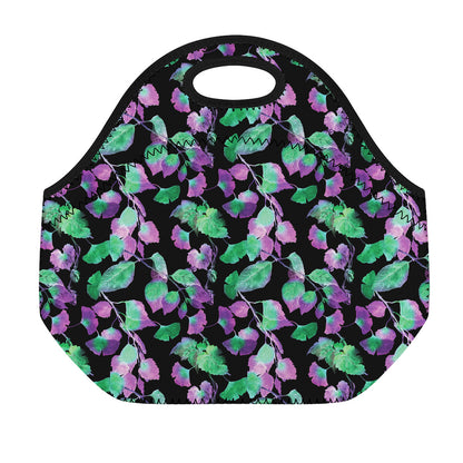 Purple And Green Leaf Pattern Print Neoprene Lunch Bag