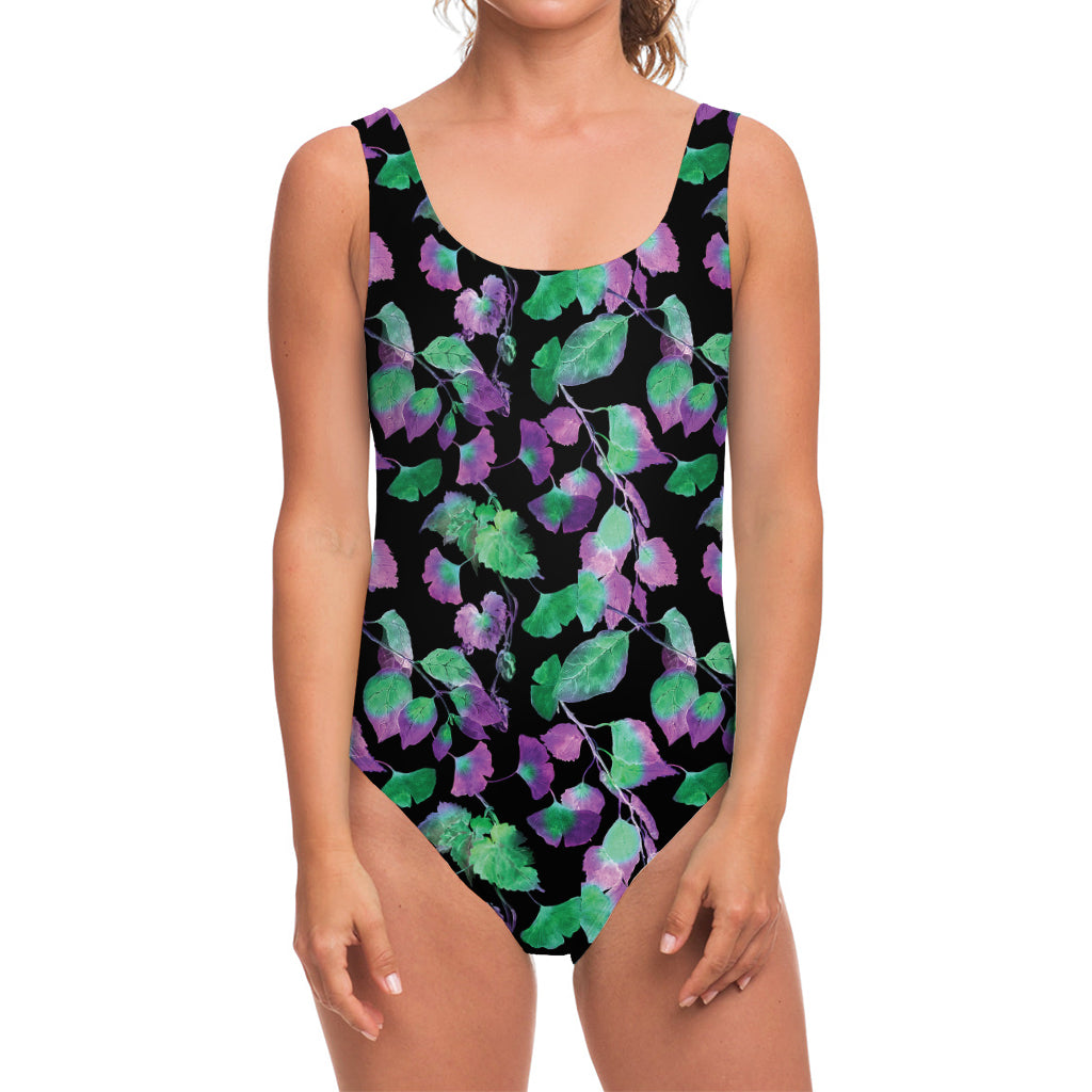 Purple And Green Leaf Pattern Print One Piece Swimsuit