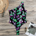 Purple And Green Leaf Pattern Print One Shoulder Bodysuit