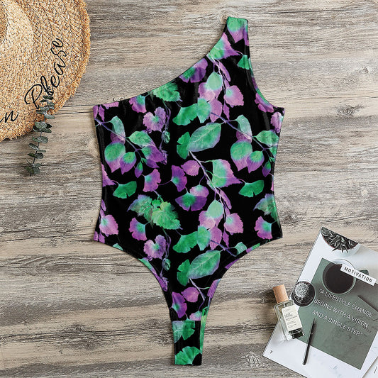 Purple And Green Leaf Pattern Print One Shoulder Bodysuit