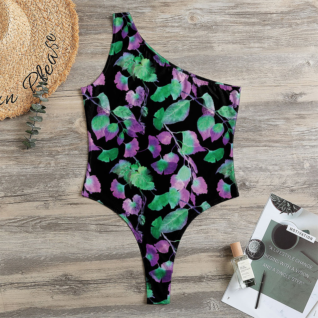 Purple And Green Leaf Pattern Print One Shoulder Bodysuit