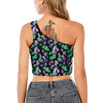 Purple And Green Leaf Pattern Print One Shoulder Crop Top