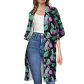 Purple And Green Leaf Pattern Print Open Front Beach Cover Up