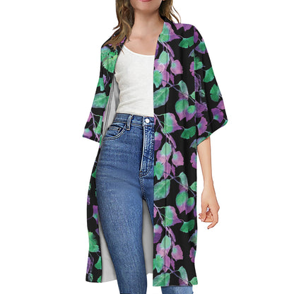 Purple And Green Leaf Pattern Print Open Front Beach Cover Up