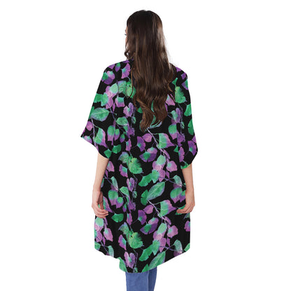 Purple And Green Leaf Pattern Print Open Front Beach Cover Up
