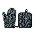 Purple And Green Leaf Pattern Print Oven Mitt And Pot Holder Set