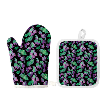 Purple And Green Leaf Pattern Print Oven Mitt And Pot Holder Set