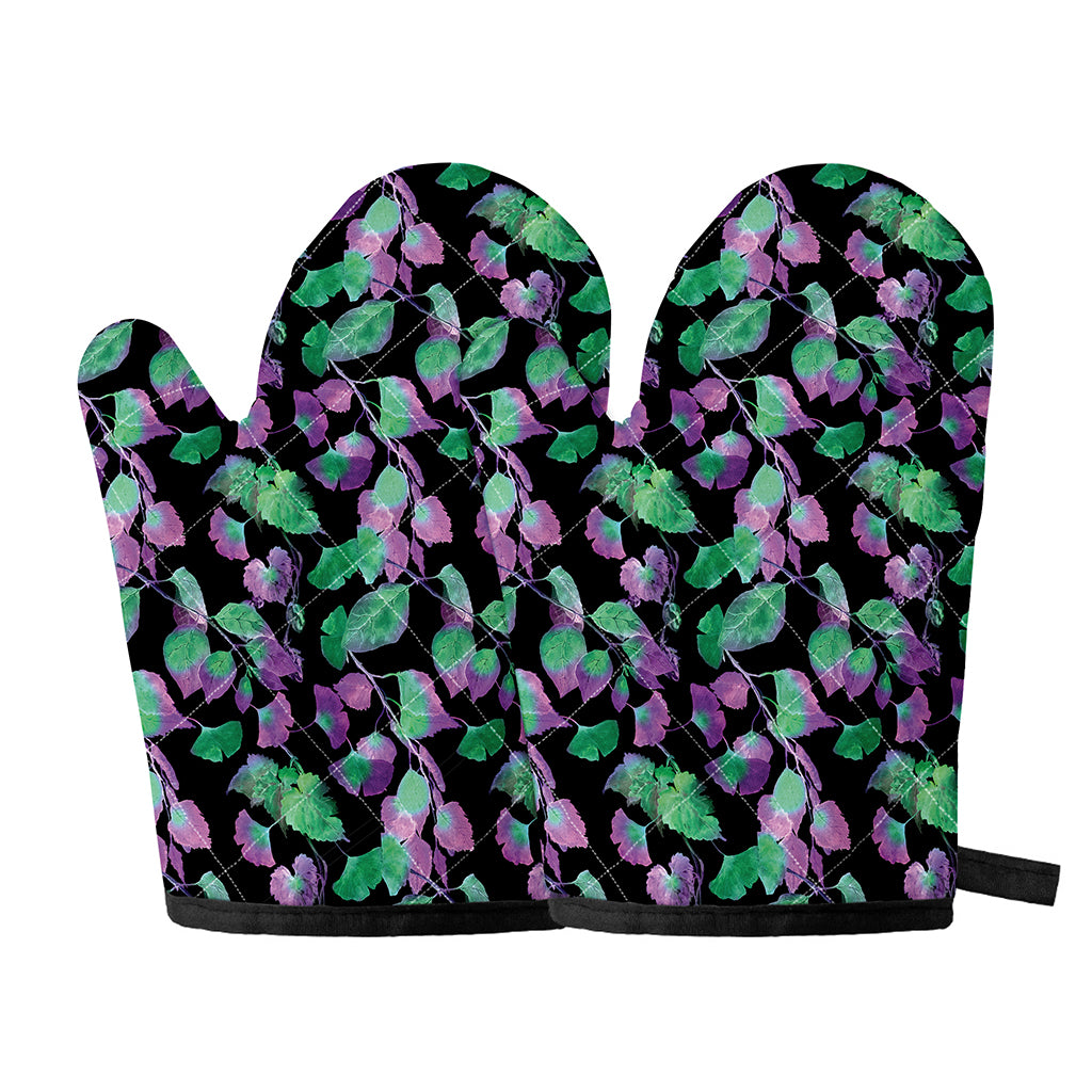 Purple And Green Leaf Pattern Print Oven Mitts