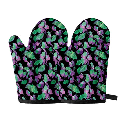 Purple And Green Leaf Pattern Print Oven Mitts