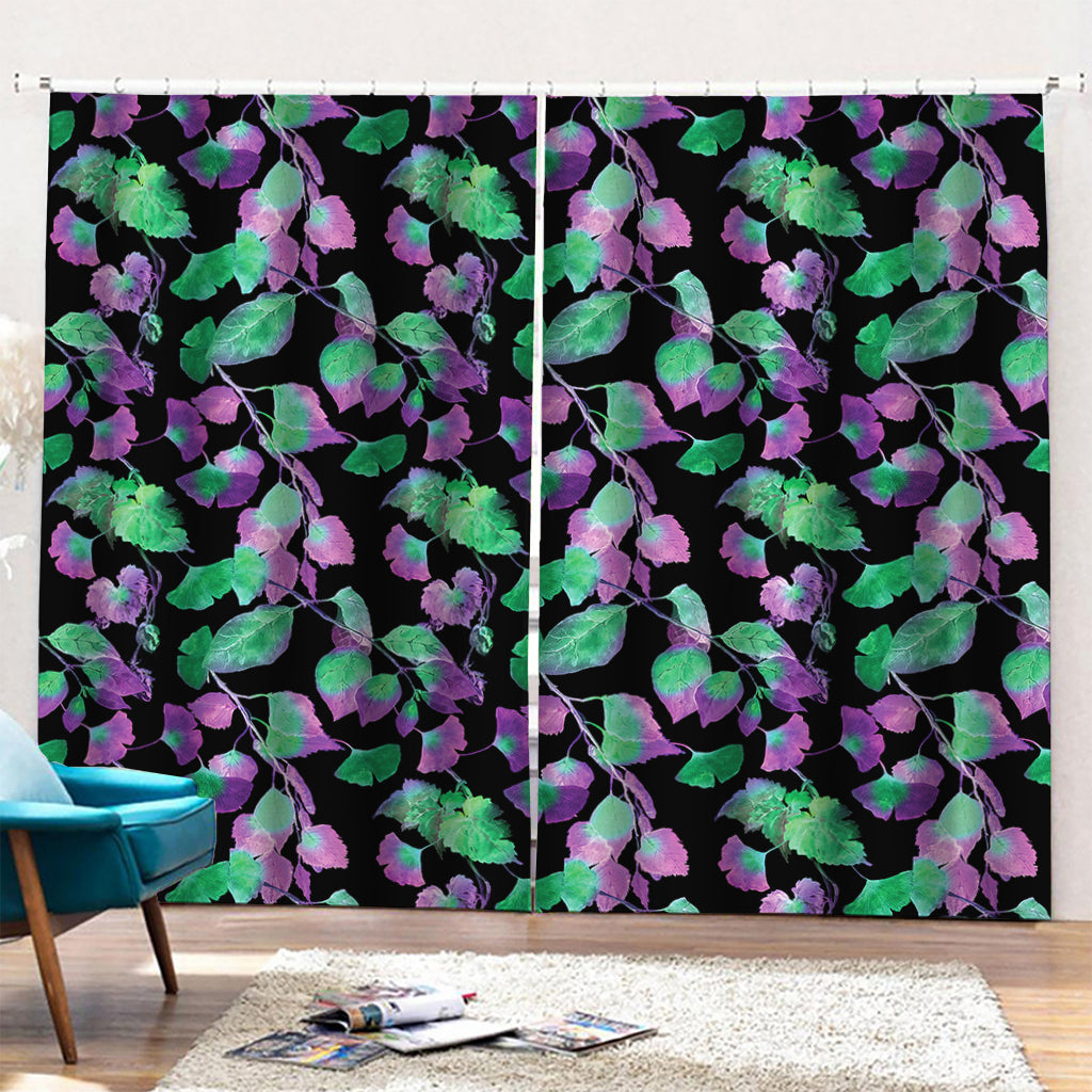 Purple And Green Leaf Pattern Print Pencil Pleat Curtains