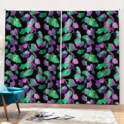 Purple And Green Leaf Pattern Print Pencil Pleat Curtains