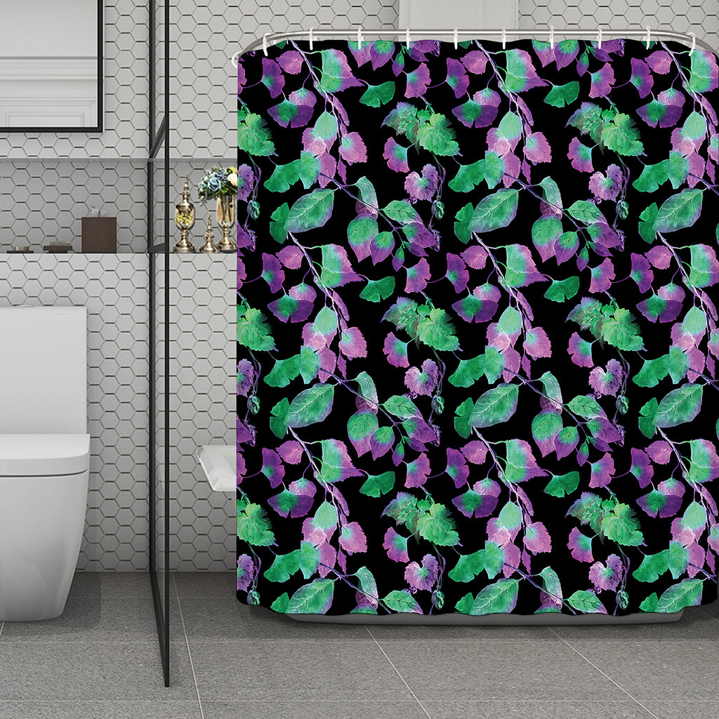Purple And Green Leaf Pattern Print Polyester Shower Curtain