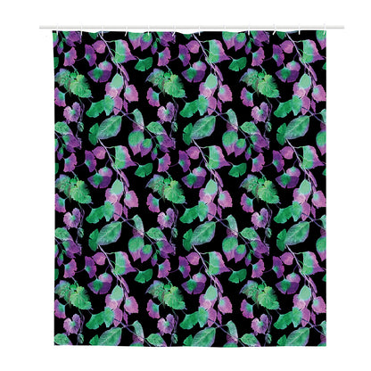 Purple And Green Leaf Pattern Print Polyester Shower Curtain