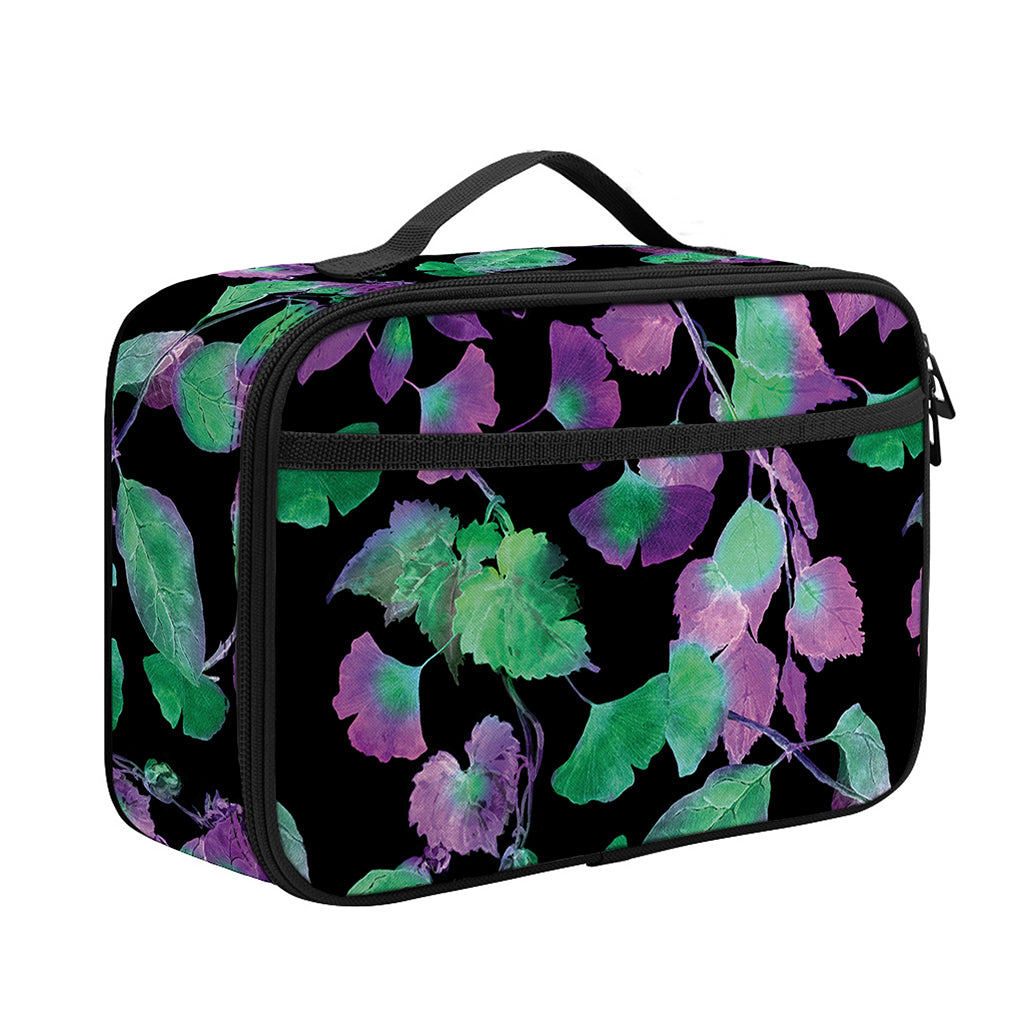 Purple And Green Leaf Pattern Print Portable Lunch Bag