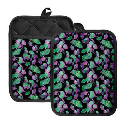 Purple And Green Leaf Pattern Print Pot Holders With Pocket