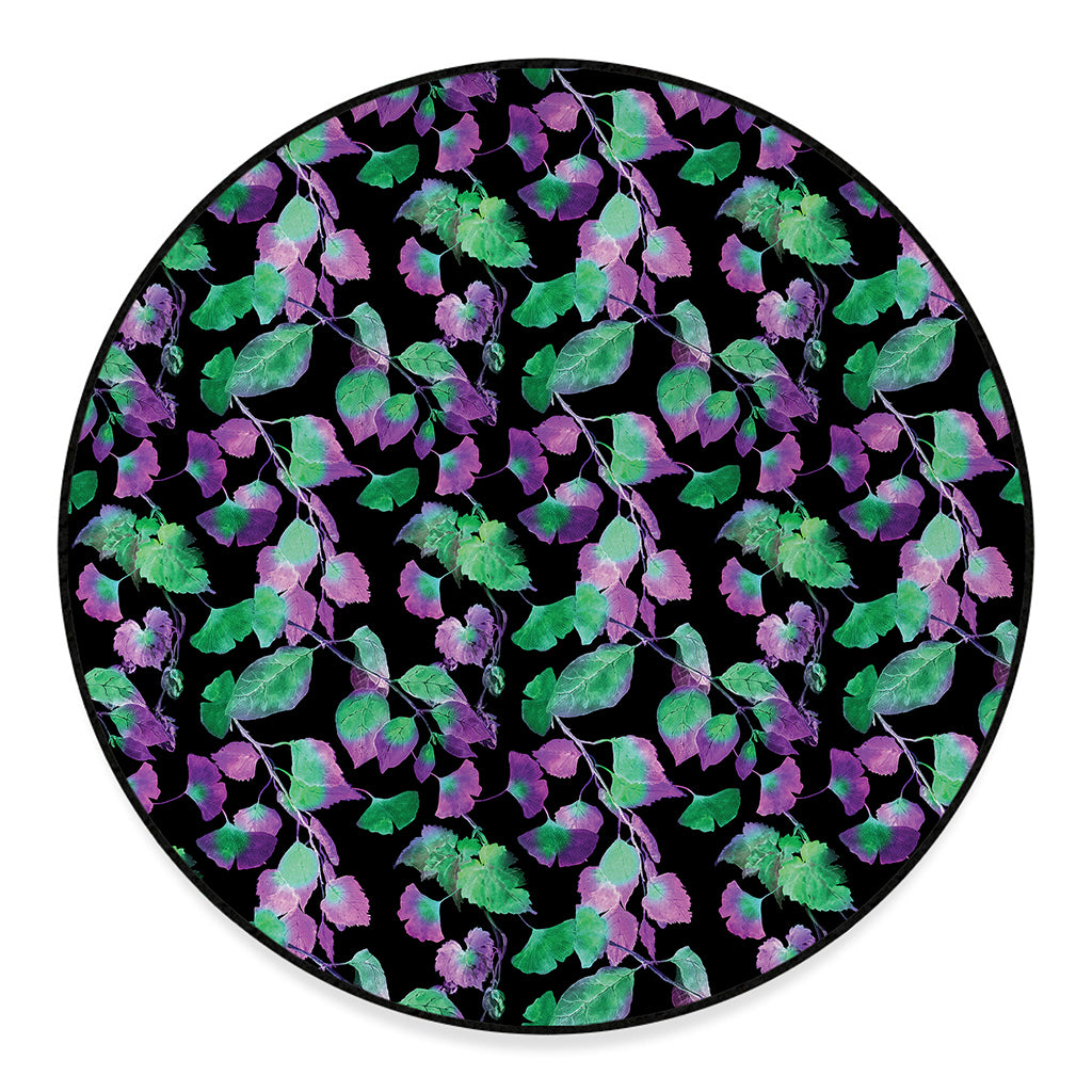Purple And Green Leaf Pattern Print Round Floor Mat