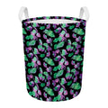 Purple And Green Leaf Pattern Print Round Laundry Basket