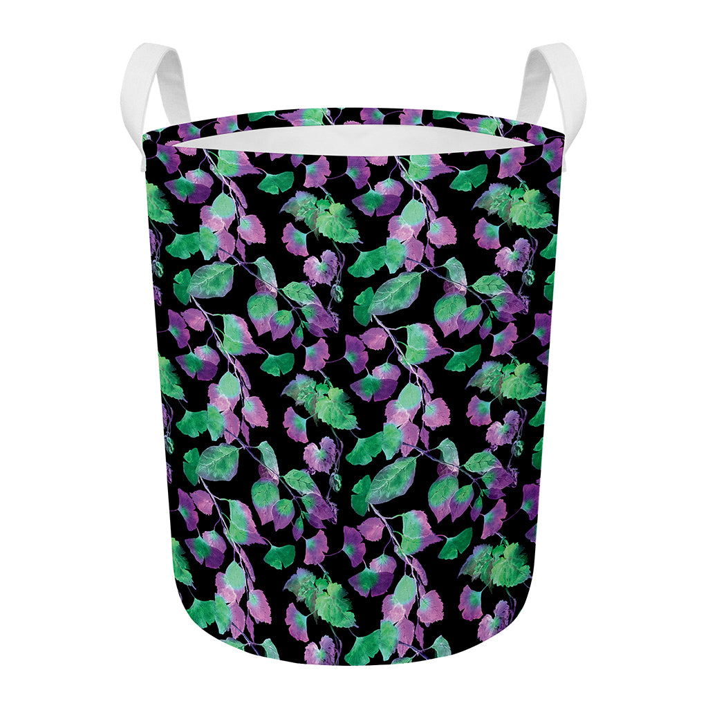 Purple And Green Leaf Pattern Print Round Laundry Basket