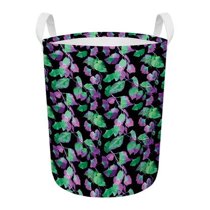 Purple And Green Leaf Pattern Print Round Laundry Basket