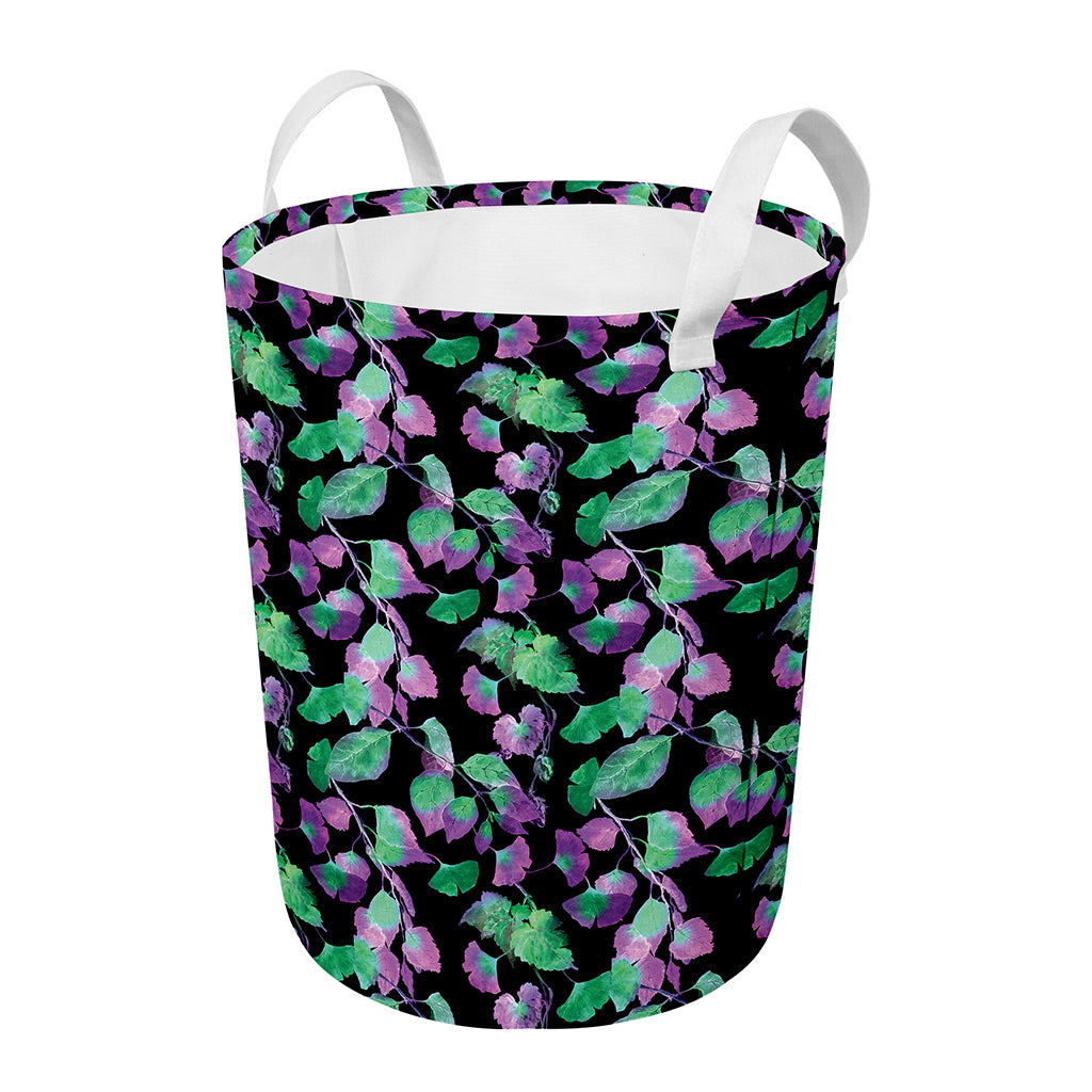 Purple And Green Leaf Pattern Print Round Laundry Basket
