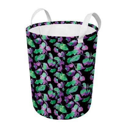 Purple And Green Leaf Pattern Print Round Laundry Basket