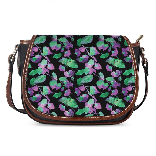 Purple And Green Leaf Pattern Print Saddle Bag