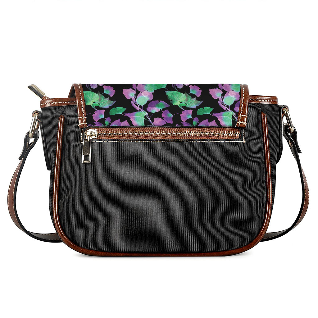 Purple And Green Leaf Pattern Print Saddle Bag