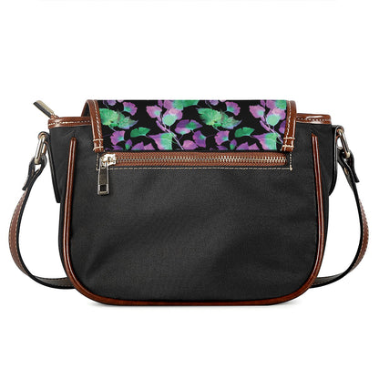 Purple And Green Leaf Pattern Print Saddle Bag