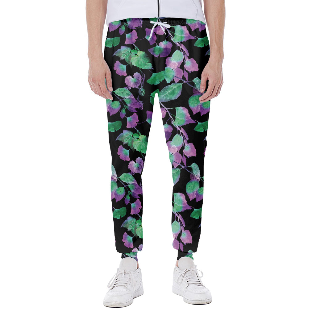 Purple And Green Leaf Pattern Print Scuba Joggers