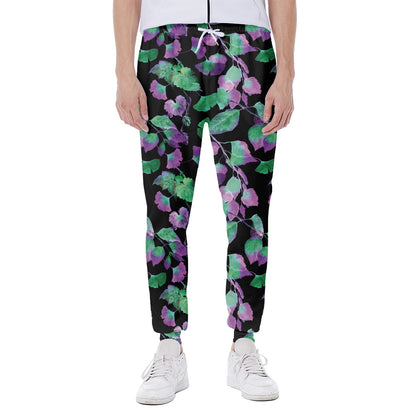 Purple And Green Leaf Pattern Print Scuba Joggers