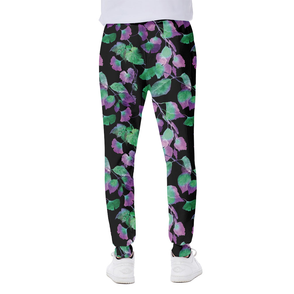 Purple And Green Leaf Pattern Print Scuba Joggers