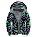 Purple And Green Leaf Pattern Print Sherpa Lined Zip Up Hoodie