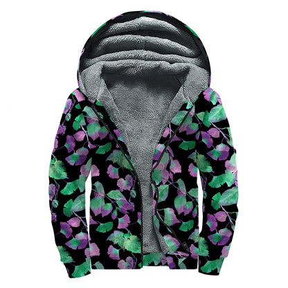 Purple And Green Leaf Pattern Print Sherpa Lined Zip Up Hoodie