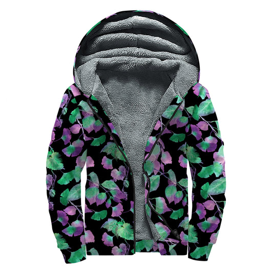 Purple And Green Leaf Pattern Print Sherpa Lined Zip Up Hoodie