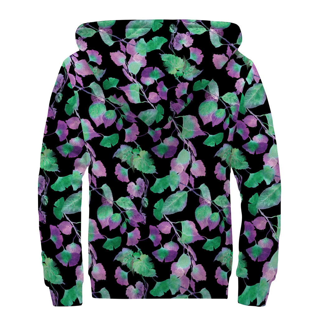 Purple And Green Leaf Pattern Print Sherpa Lined Zip Up Hoodie
