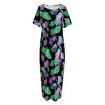 Purple And Green Leaf Pattern Print Short Sleeve Long Nightdress