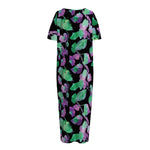 Purple And Green Leaf Pattern Print Short Sleeve Long Nightdress