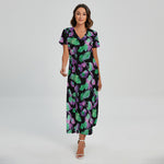 Purple And Green Leaf Pattern Print Short Sleeve Maxi Dress
