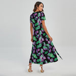 Purple And Green Leaf Pattern Print Short Sleeve Maxi Dress