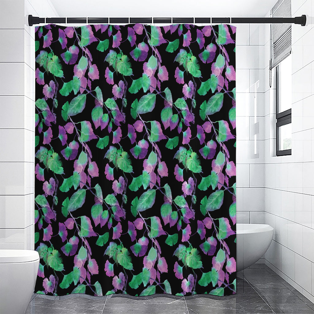 Purple And Green Leaf Pattern Print Shower Curtain