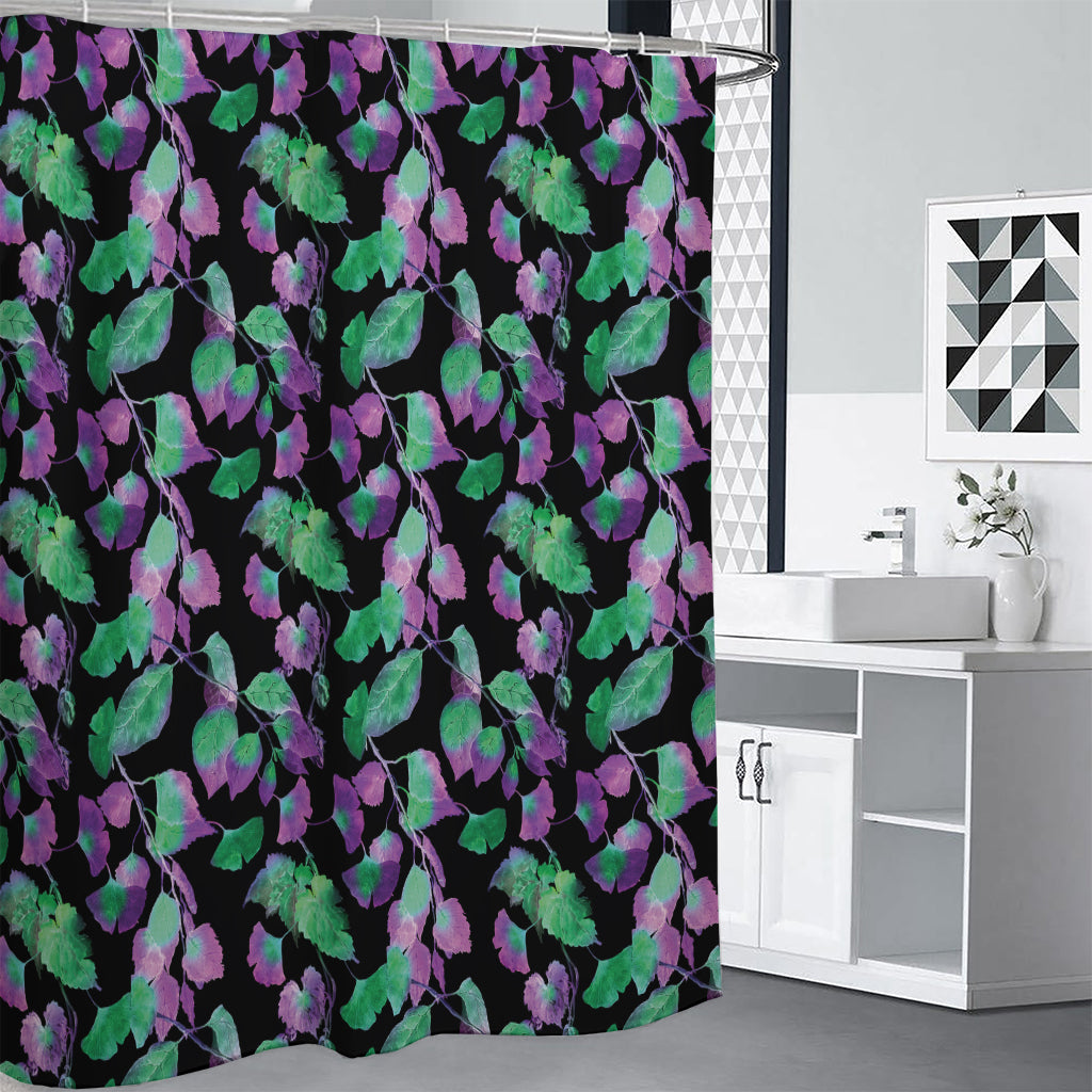 Purple And Green Leaf Pattern Print Shower Curtain