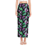 Purple And Green Leaf Pattern Print Side Slit Maxi Skirt