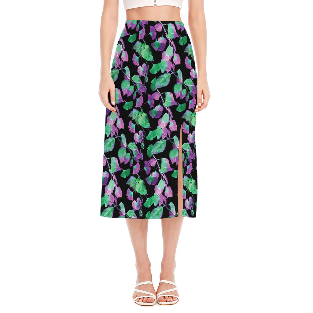 Purple And Green Leaf Pattern Print Side Slit Midi Skirt