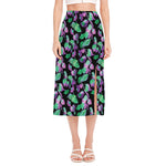 Purple And Green Leaf Pattern Print Side Slit Midi Skirt